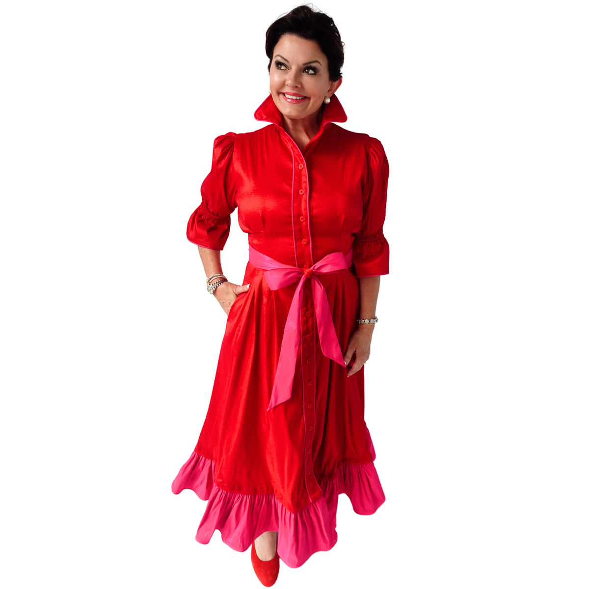 CAROL DRESS-RED/FUCHSIA (Wholesale)