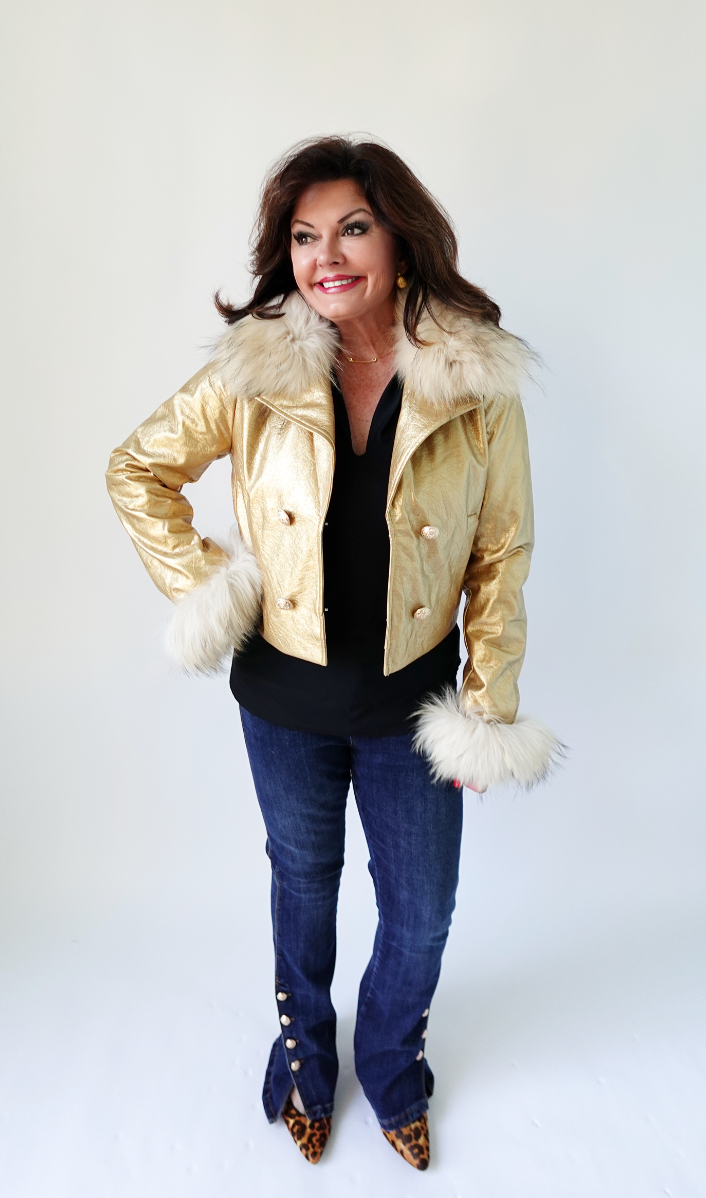 METALLIC GOLD CROPPED JACKET with RACOON TRIM