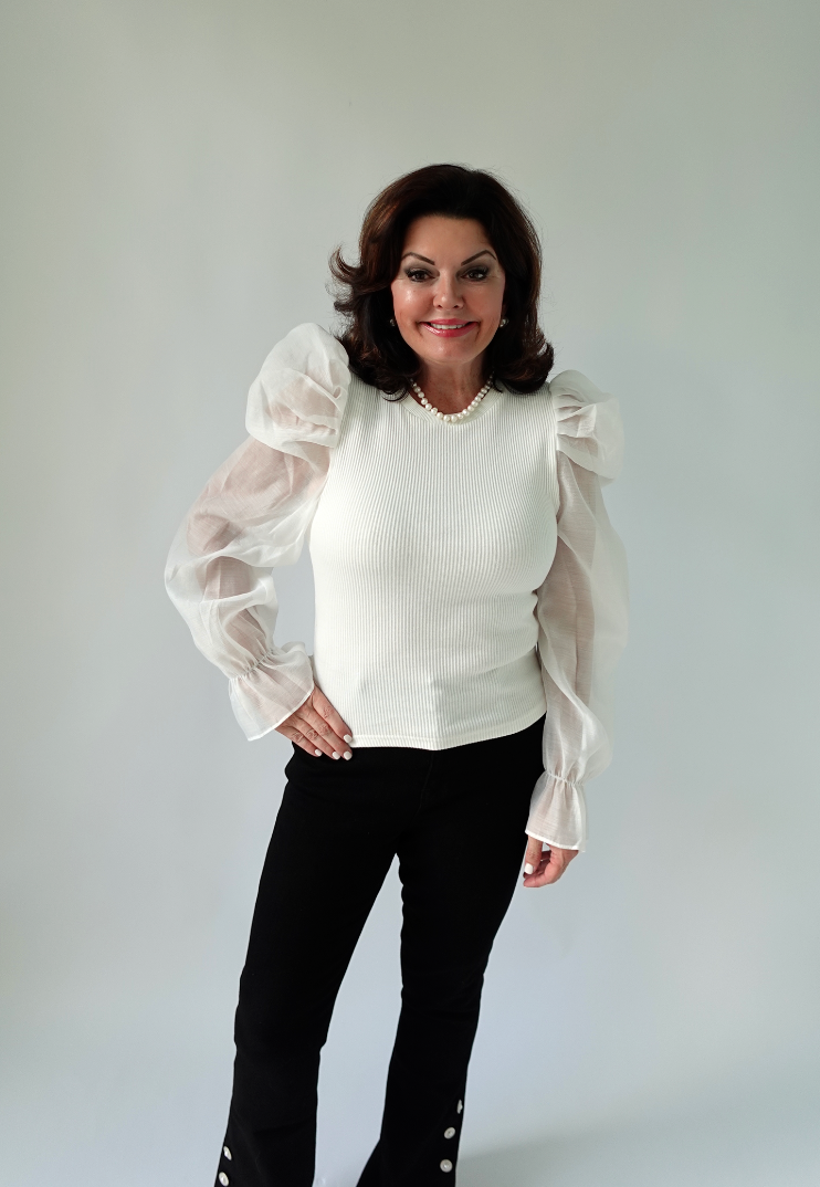 RIBBED BODY TOP WITH SHEER PUFF SLEEVE TOP
