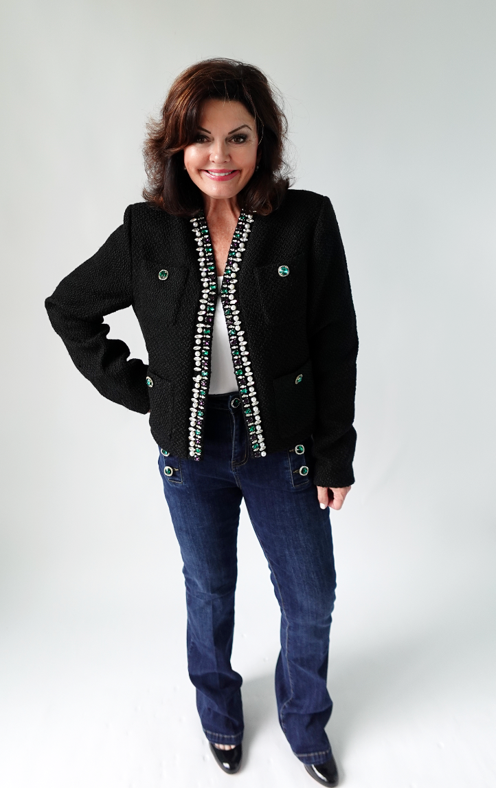 COLLARLESS JEWELED JACKET with PEARL TRIM